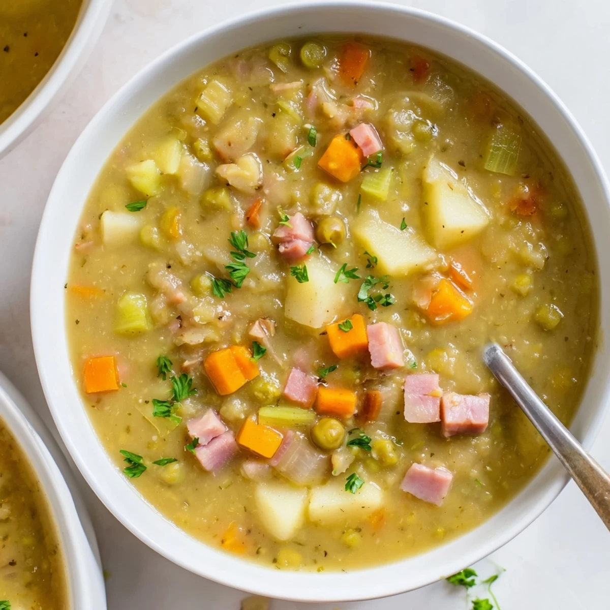 Thick creamy hearty split pea soup brimming with tender vegetables and fresh parsley garnish