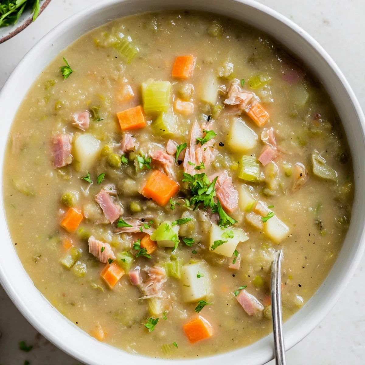Steaming bowl of hearty split pea soup with diced carrots celery and crusty bread