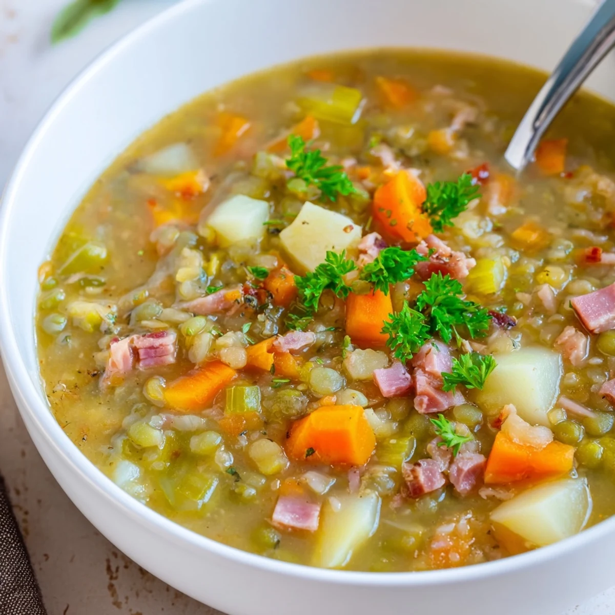 Golden hearty split pea soup ladled into white bowl with colorful vegetable medley visible