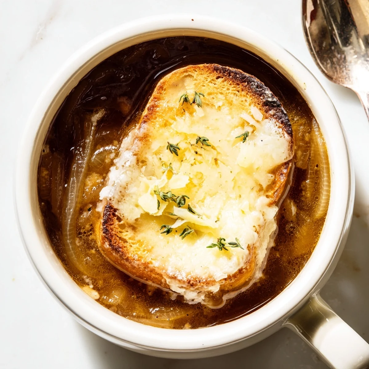 Rustic bowl of rich French onion soup with caramelized onions and toasted baguette