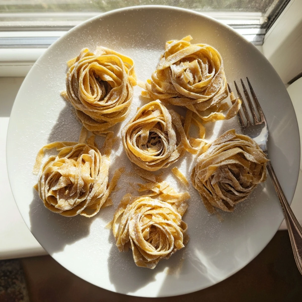 Freshly cut tagliatelle noodles made from tangy sourdough dough arranged on a clean work surface