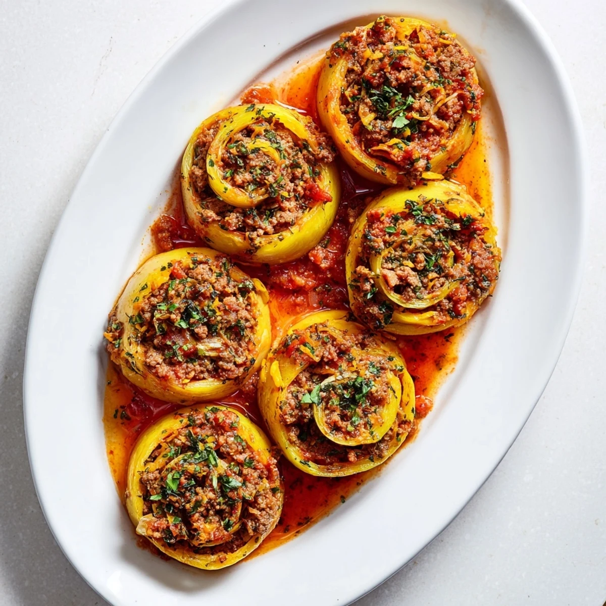 Golden Greek stuffed onions baked in rich tomato sauce with tender beef and rice filling