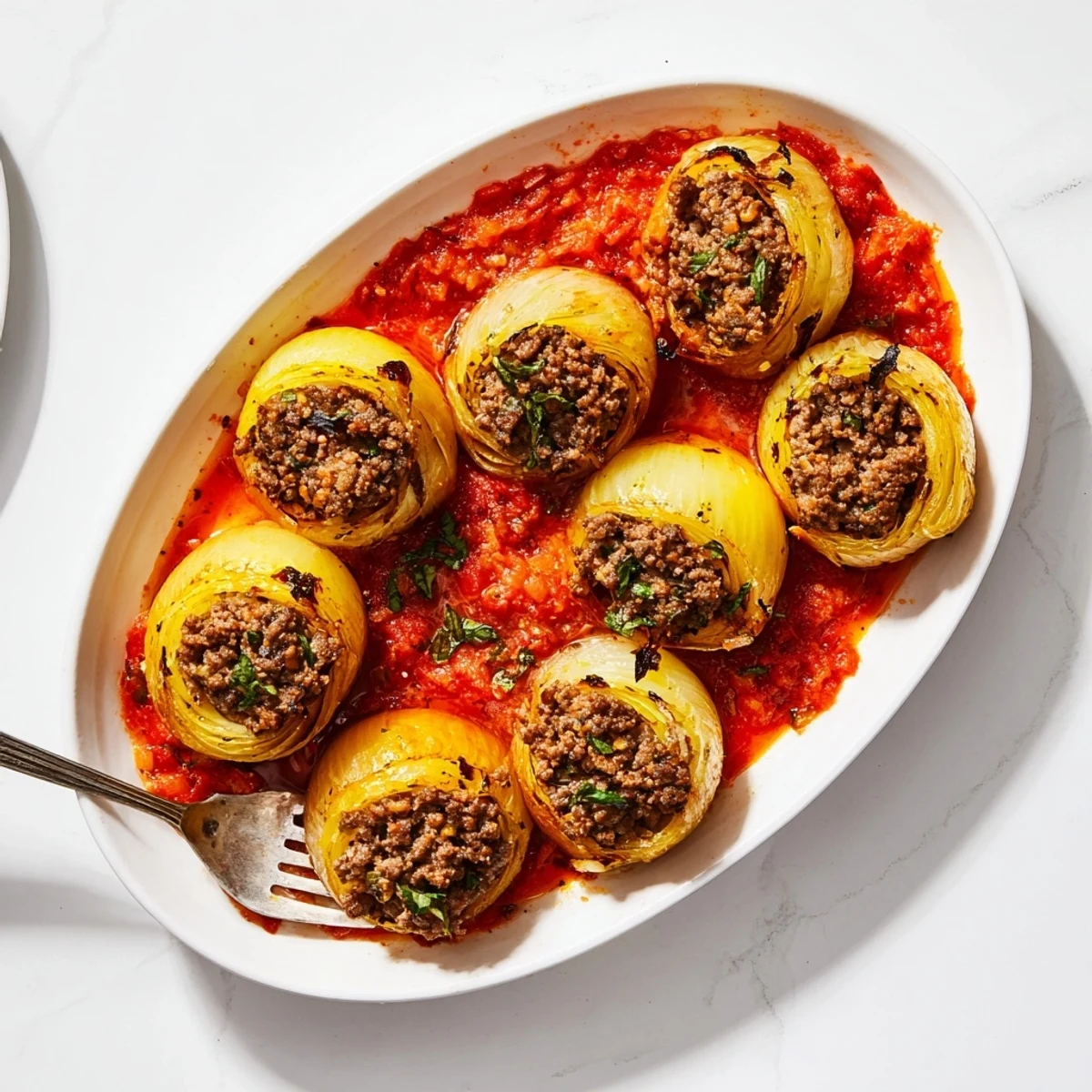 Plated Greek stuffed onions garnished with fresh parsley, served with crusty bread and side salad