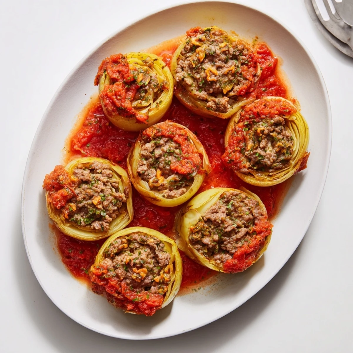 Greek stuffed onions in a baking dish featuring savory meat filling wrapped in softened onion layers
