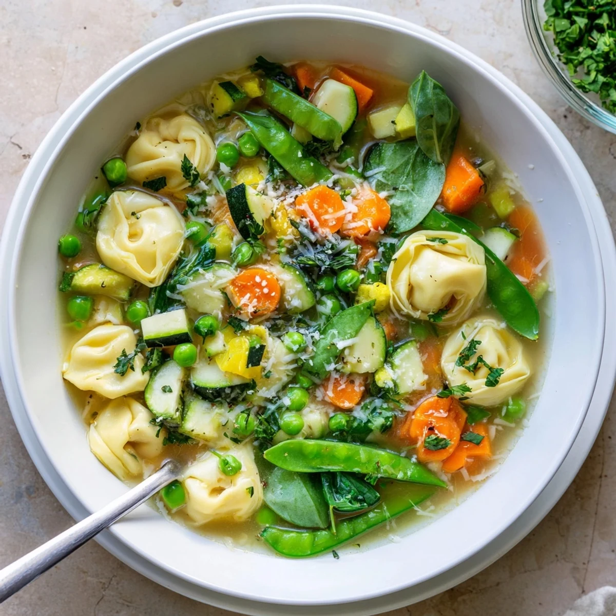 Golden cheese tortellini float with bright green snap peas and wilted spinach in a clear vegetable broth bowl