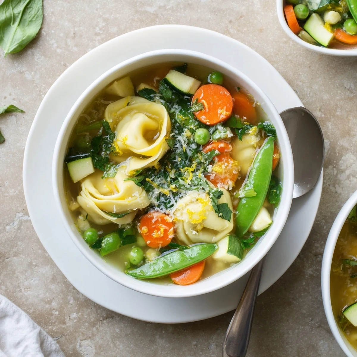 Al dente tortellini nestled with carrots, zucchini, and spinach in a light vegetable broth with herb garnish