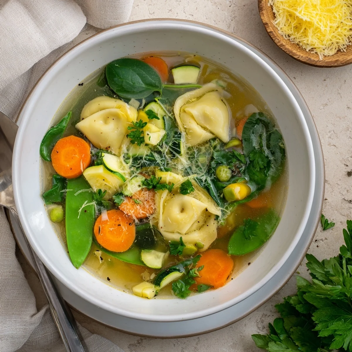 Creamy Spring Tortellini Soup topped with fresh parsley, lemon zest, and grated Parmesan cheese in a white serving bowl