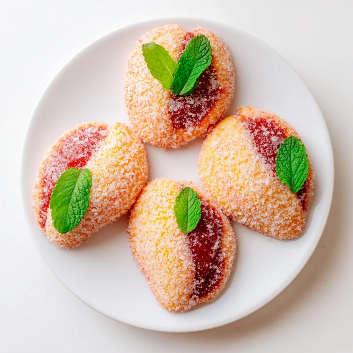 Golden Italian peach cookies with chocolate jam filling on white decorative plate