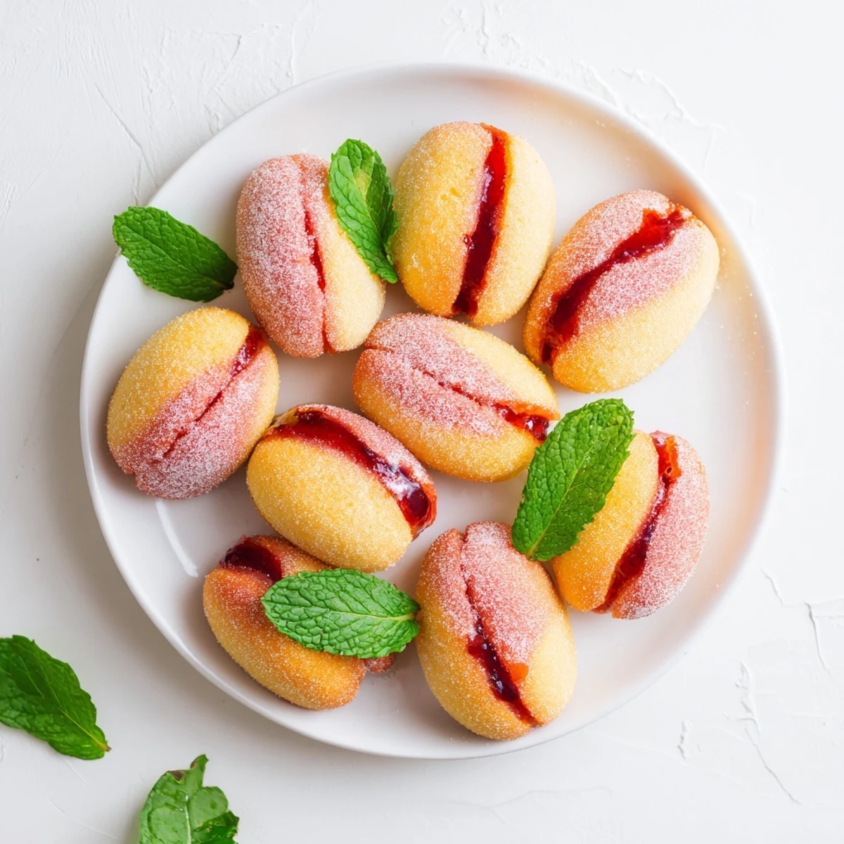 Two realistic peach-shaped sandwich cookies filled with chocolate and jam arranged on rustic wooden board
