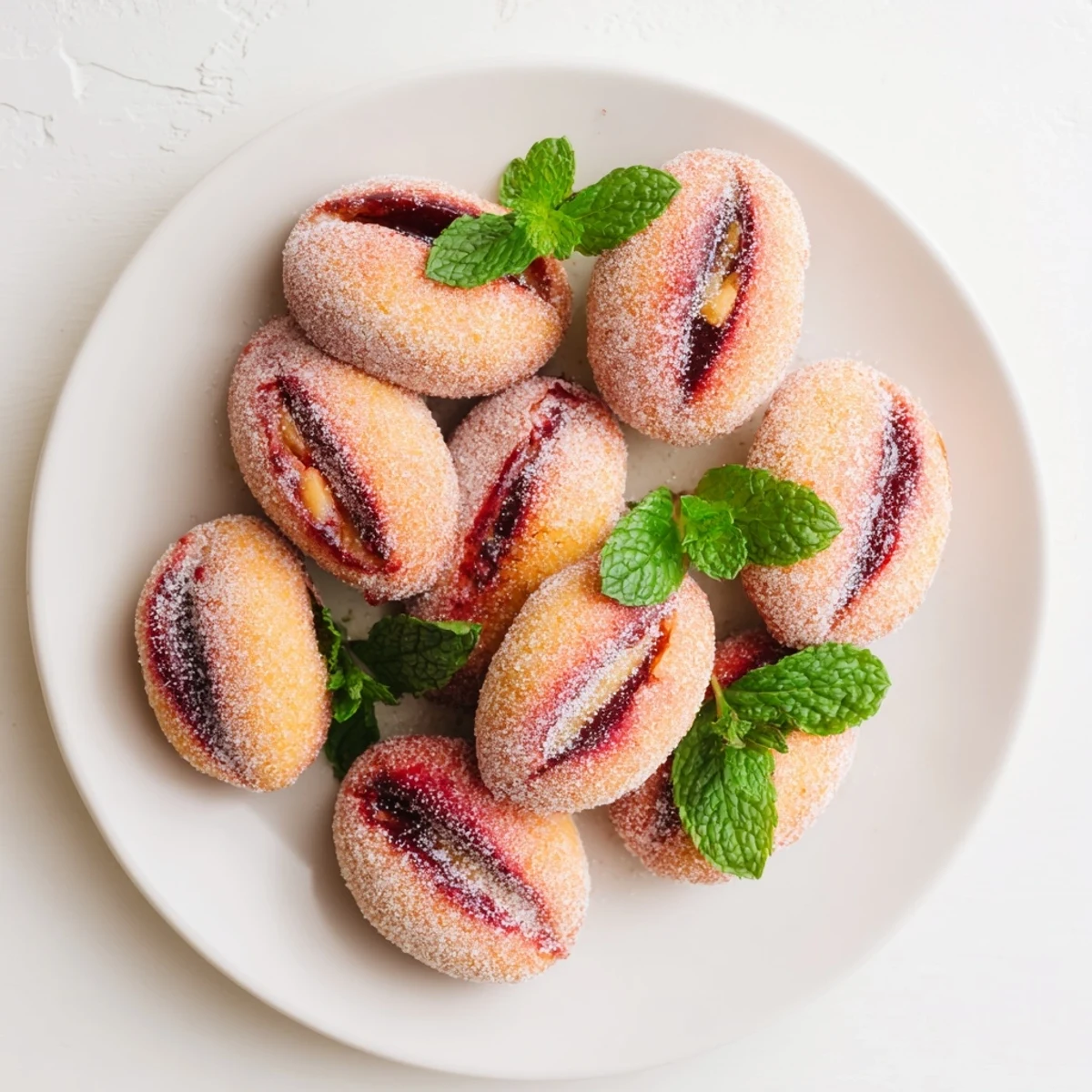 Festive Italian peach cookies rolled in sugar with mint leaves garnish on serving tray