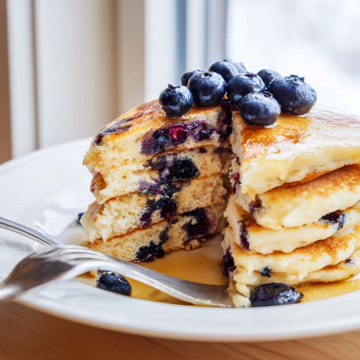 Light and airy Greek yogurt blueberry pancakes topped with fresh juicy berries