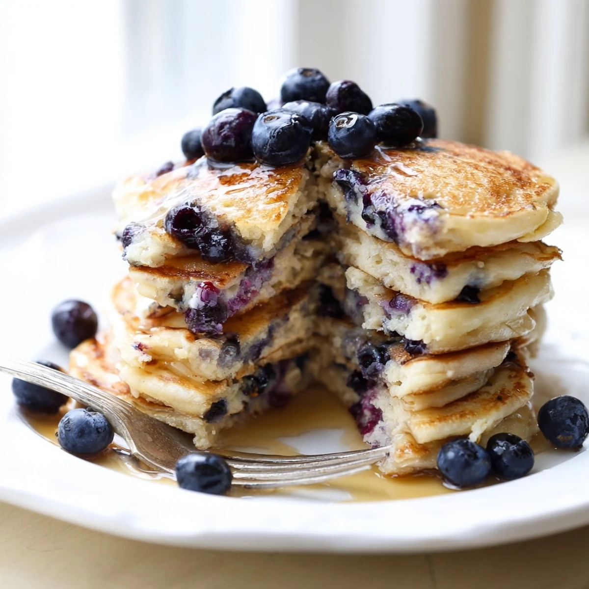 Golden stack of fluffy Greek yogurt blueberry pancakes drizzled with maple syrup