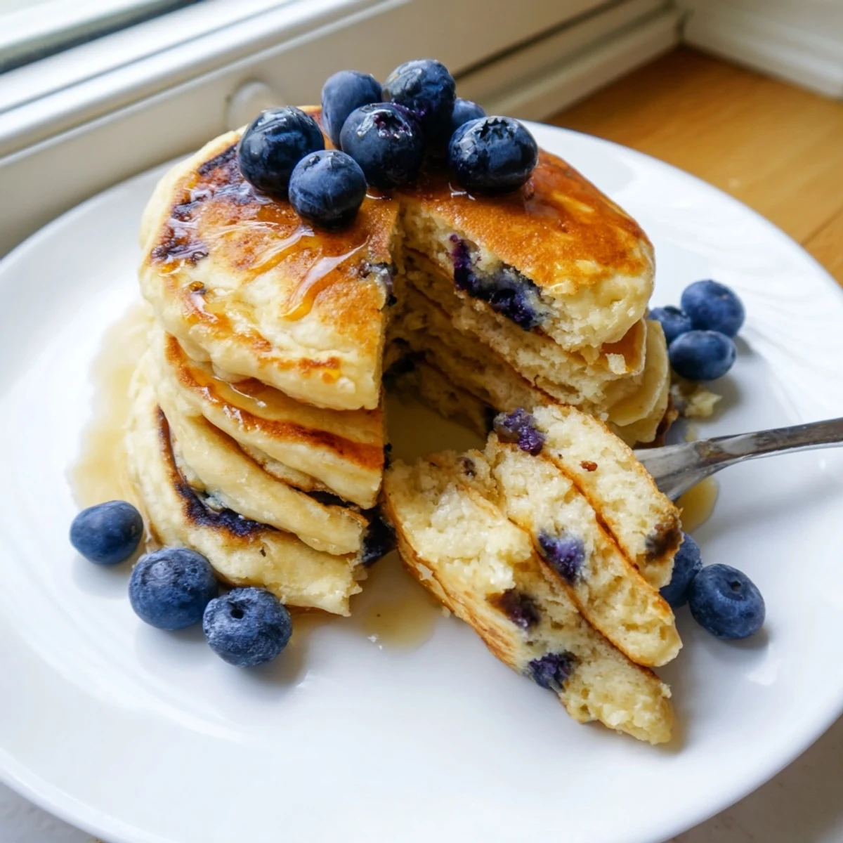 Breakfast plate of Greek yogurt blueberry pancakes with melted butter and blueberries