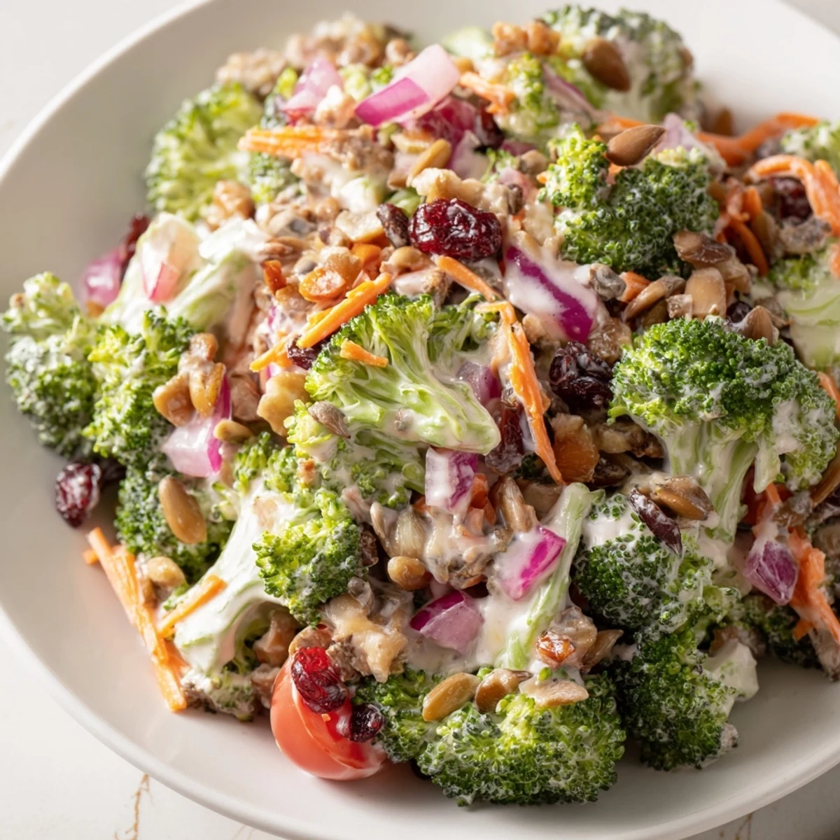 Fresh broccoli salad bowl with colorful cranberries, cheese, and sunflower seeds coated in creamy yogurt dressing