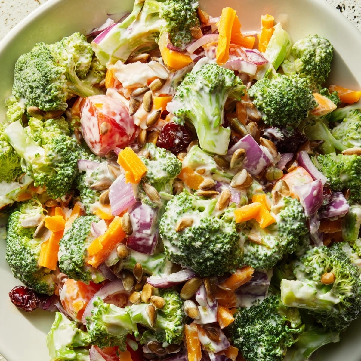 Crisp raw broccoli florets tossed with tangy red onion, carrots, and dried fruit in a light honey-mustard dressing