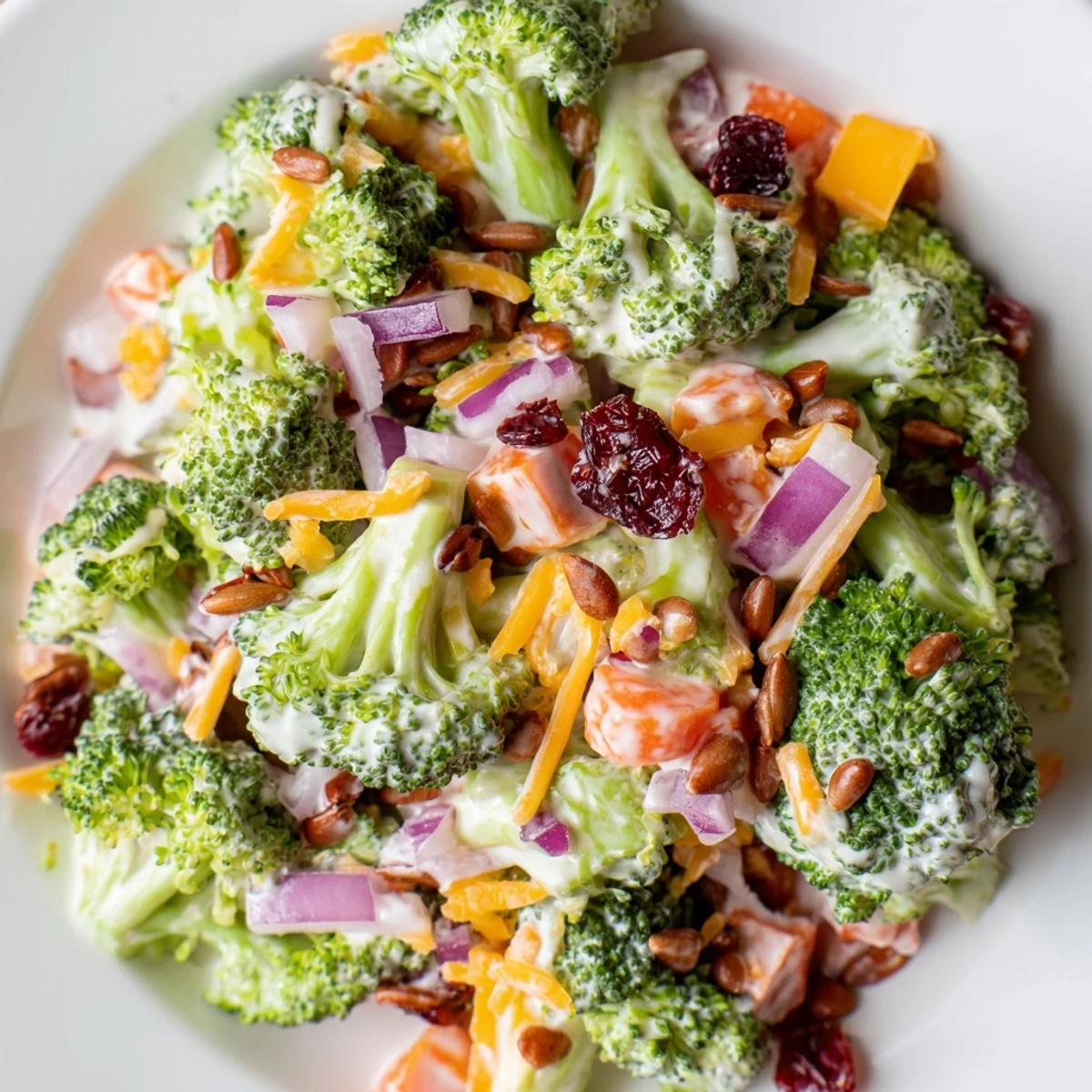 Colorful picnic-ready broccoli salad featuring crunchy vegetables, sweet cranberries, and creamy dressing served in a white bowl