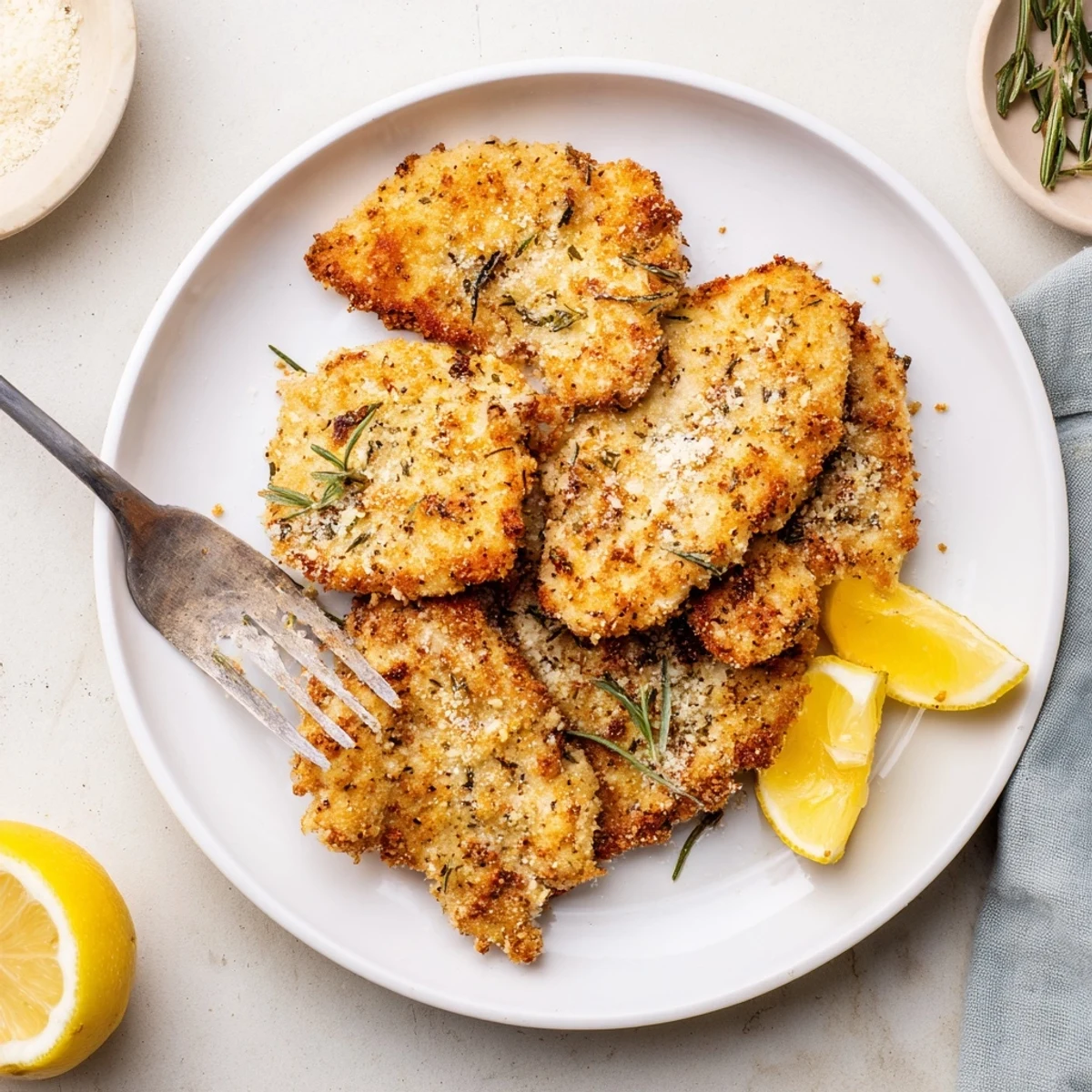 Golden Italian chicken cutlets with crispy Parmesan breadcrumb coating served on white plate