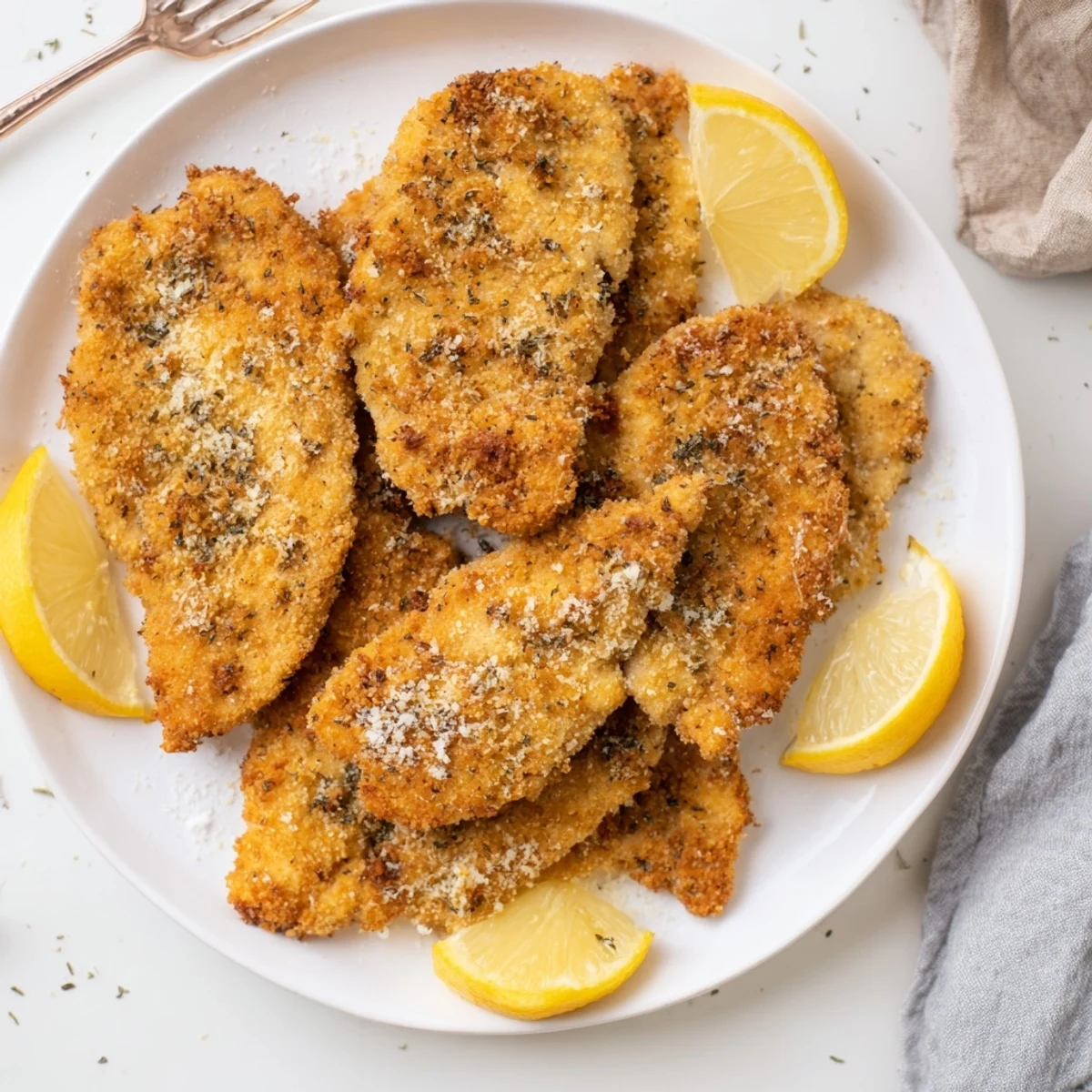 Pan-fried chicken breasts seasoned with Italian herbs and garlic until golden brown and crunchy