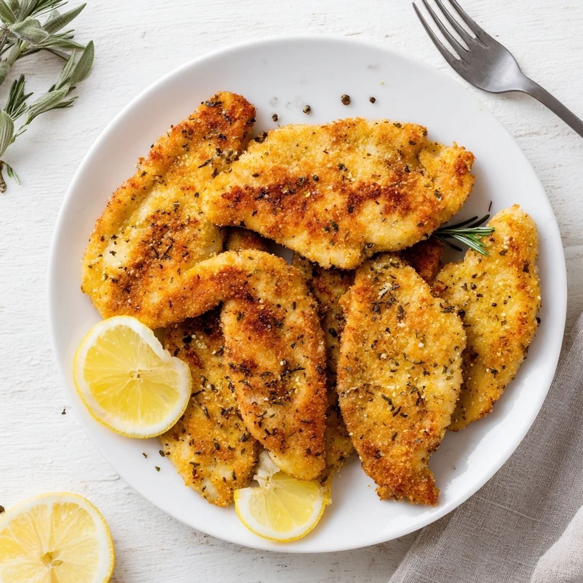 Crispy breaded chicken cutlets topped with fresh parsley and lemon wedges for weeknight dinner