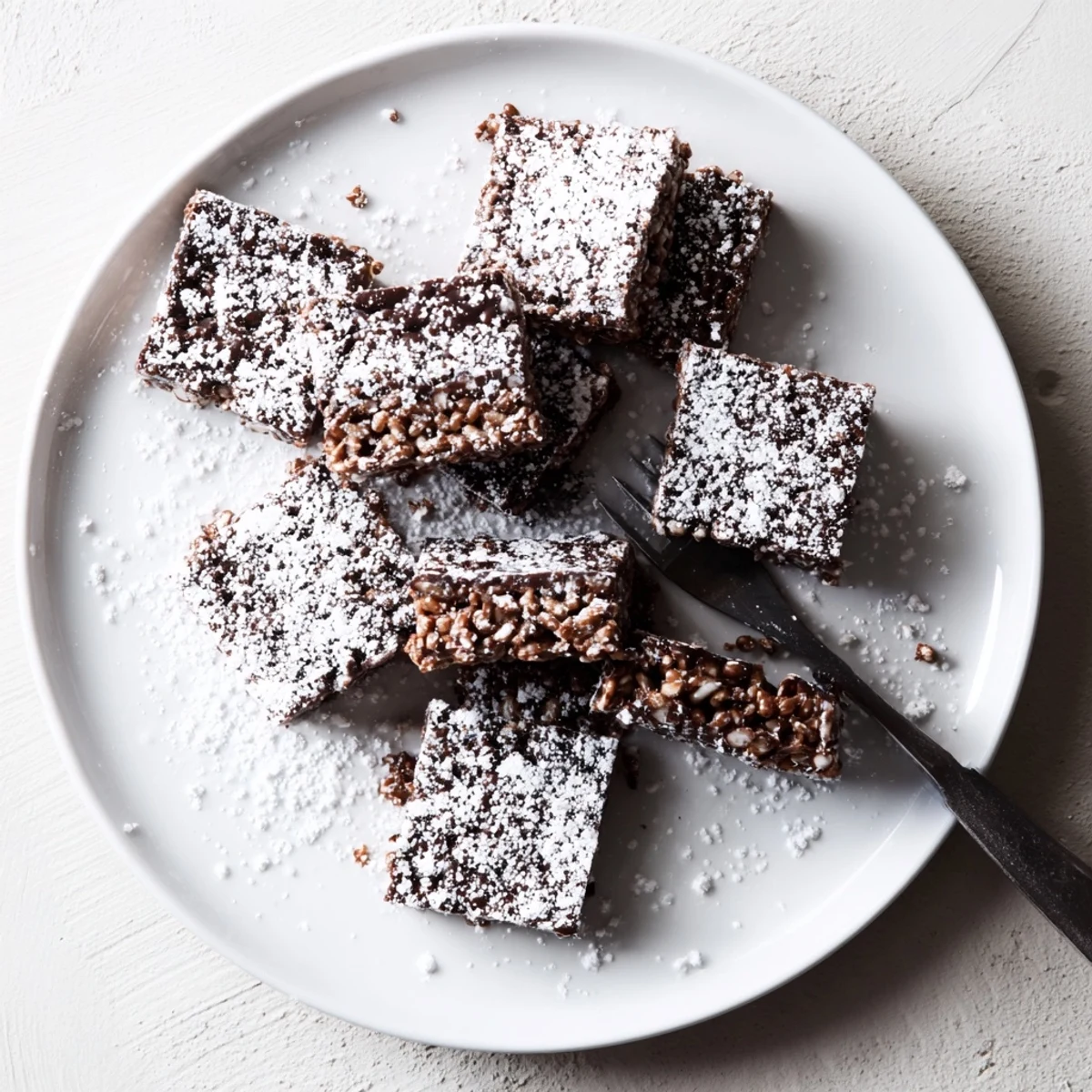 Homemade Muddy Buddy Rice Krispies squares coated in white powdered sugar on a white plate