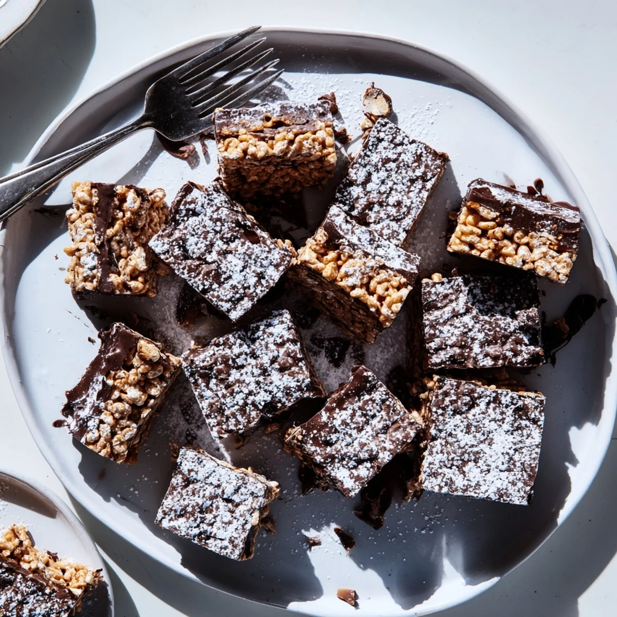 Chocolate peanut butter Rice Krispies treats dusted with powdered sugar arranged on a serving platter