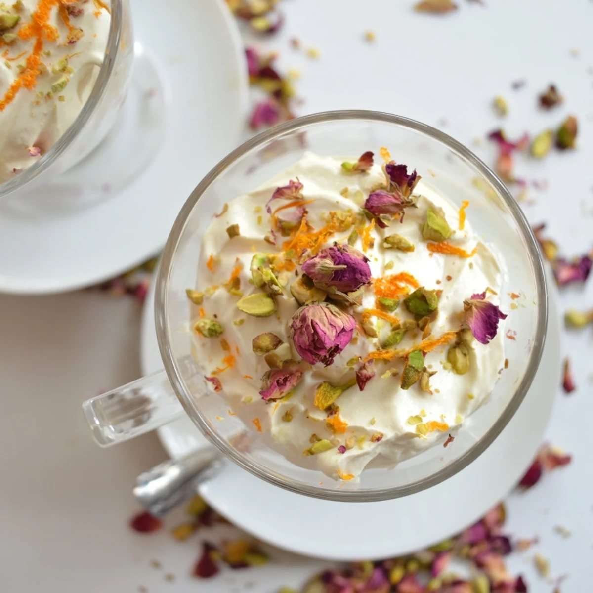 Elegant Lebanese date blossom mousse served in individual glasses with citrus and nut garnish