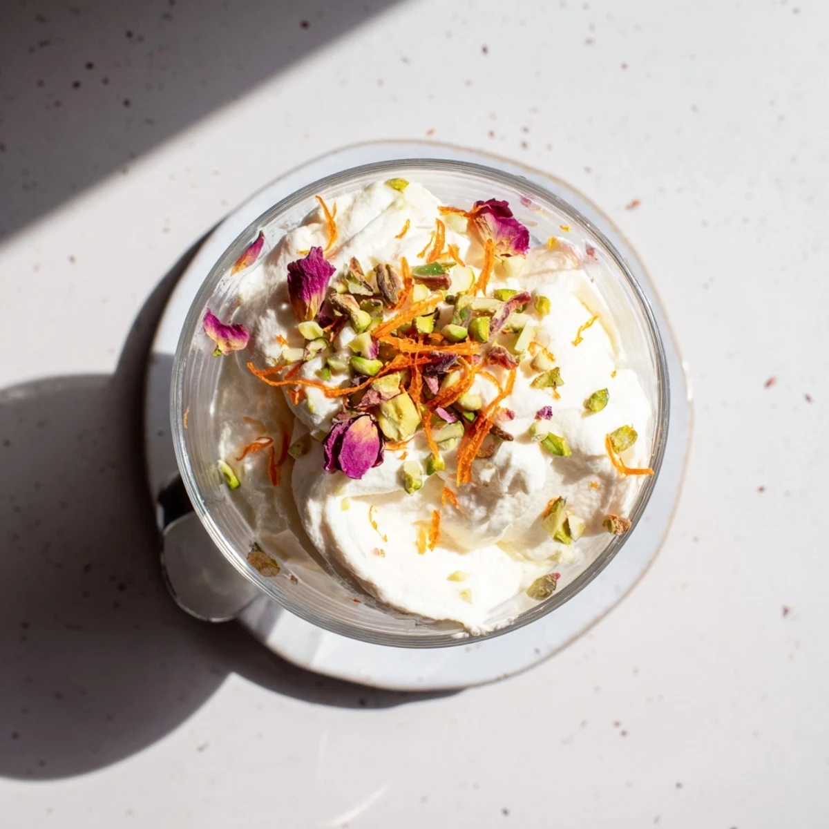 Light and airy Lebanese date blossom mousse topped with crunchy pistachios and dried rose petals
