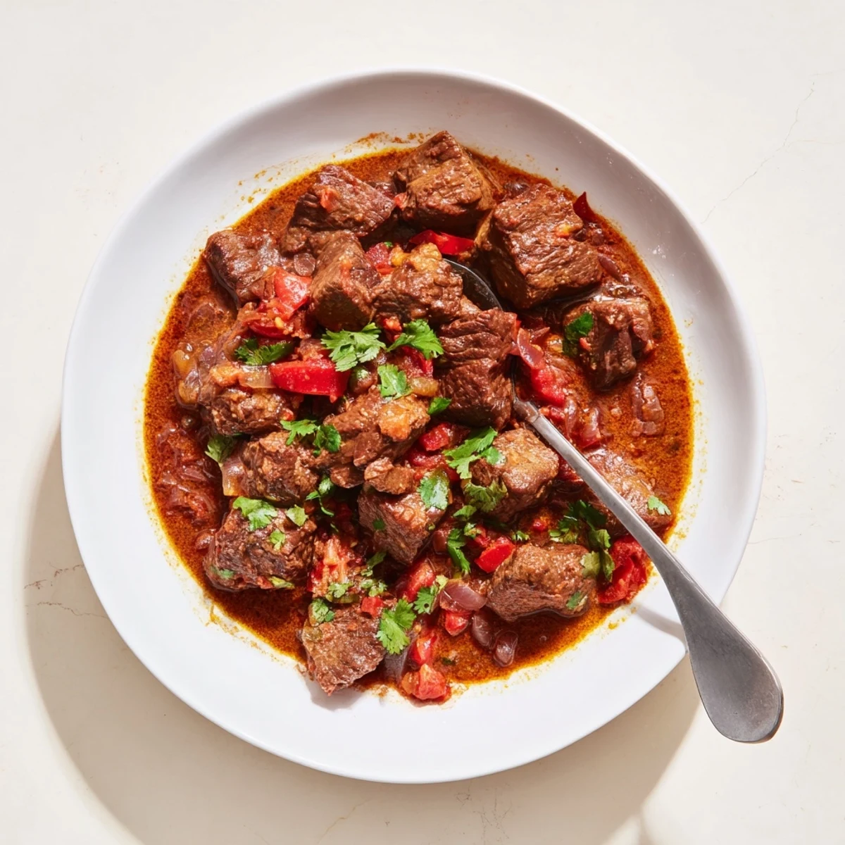 Golden beef curry slow-cooked with coconut milk, tomatoes, and traditional Indian spices served in a rustic bowl with warm naan bread