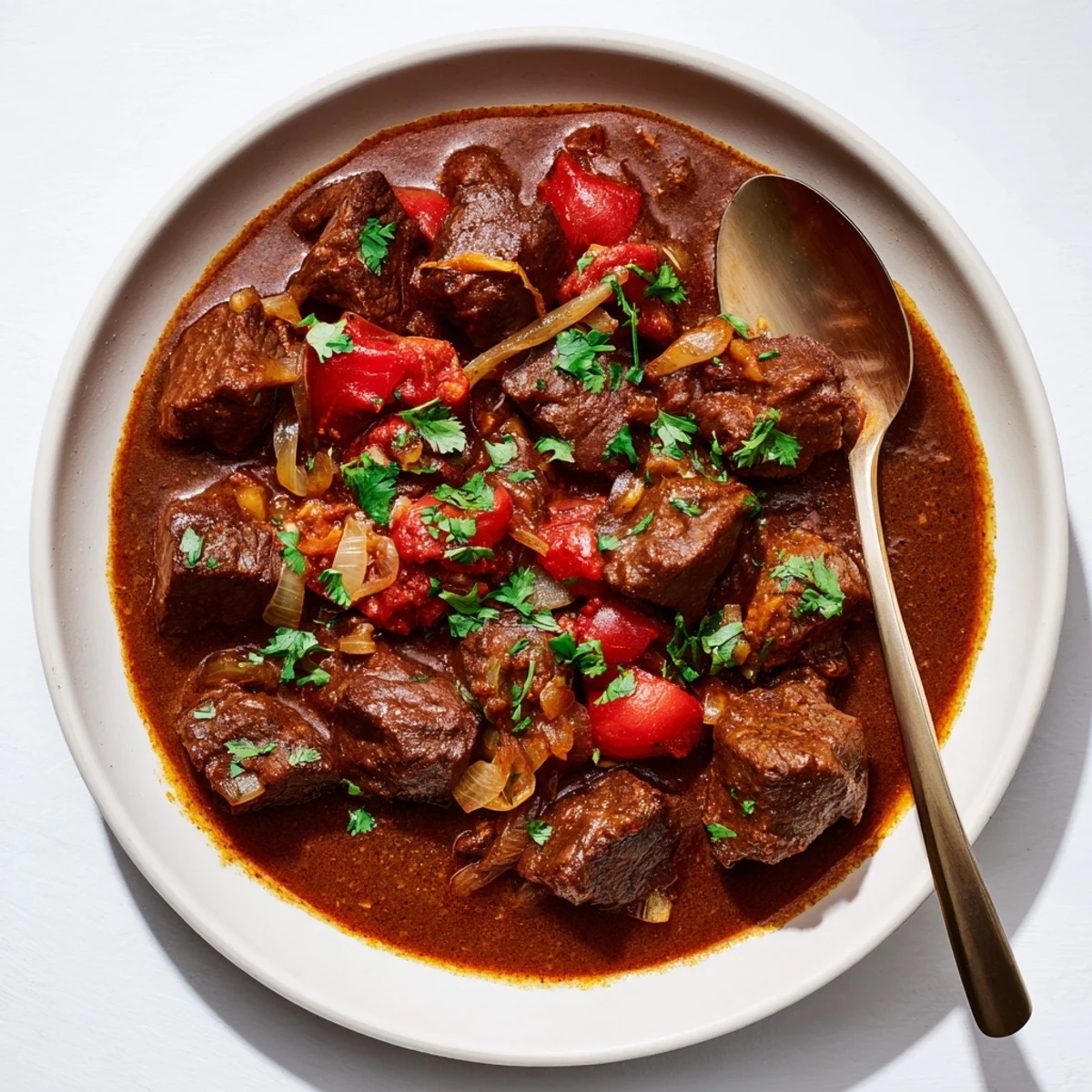 Tender beef cubes simmered in rich Indian curry sauce with aromatic whole spices and garnished with fresh cilantro over steamed basmati rice
