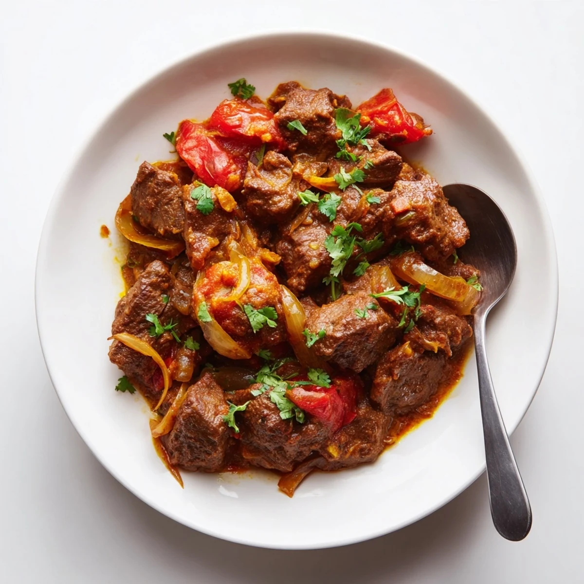 Hearty Indian beef curry with tender chunks in creamy coconut-tomato gravy, finished with garam masala and chopped cilantro for a comforting dinner