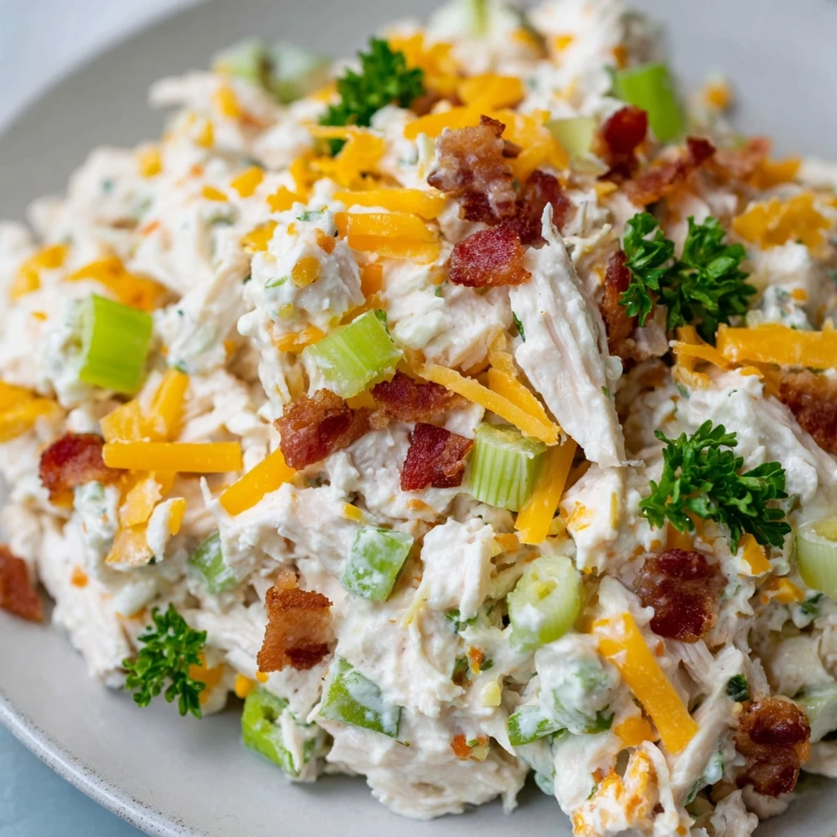 Creamy low carb jalapeno popper cottage cheese chicken salad topped with crispy bacon crumbles and fresh green onions