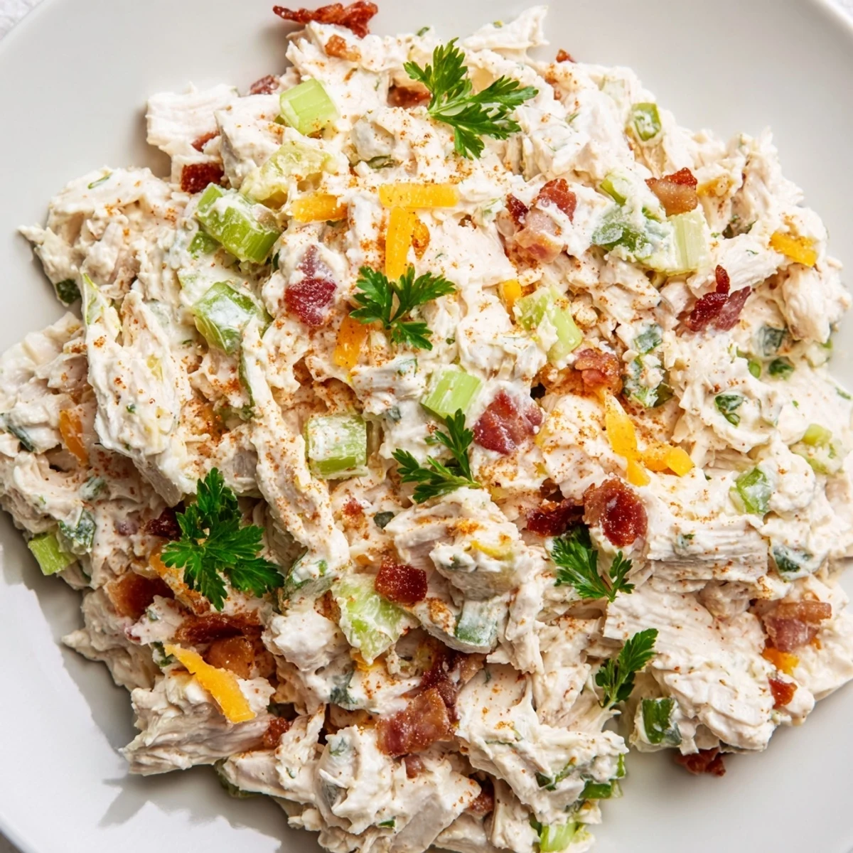 Serving bowl of zesty jalapeno popper cottage cheese chicken salad surrounded by sliced jalapeños and shredded cheddar cheese