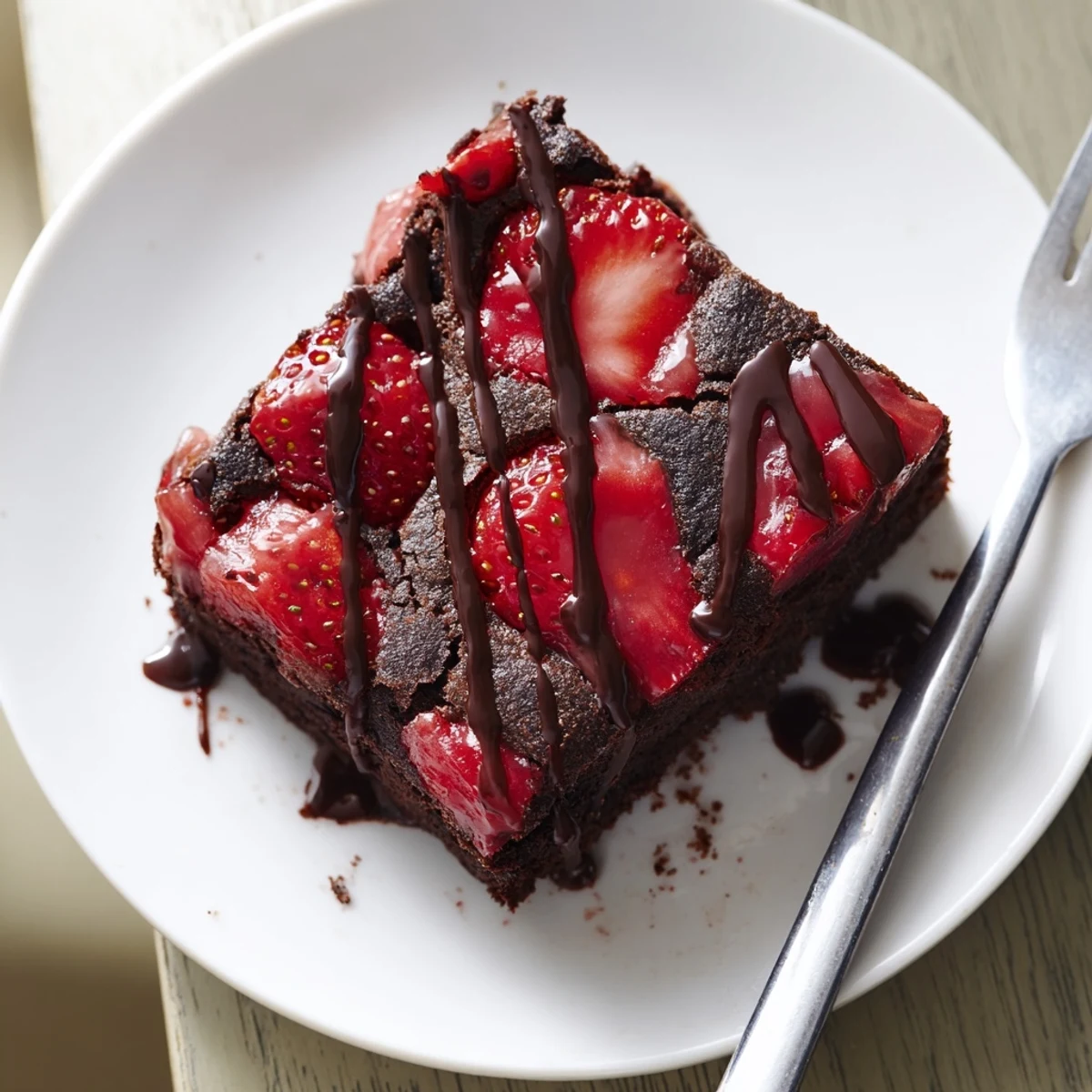 Fudgy easy strawberry brownies topped with sweet strawberry glaze on a white plate