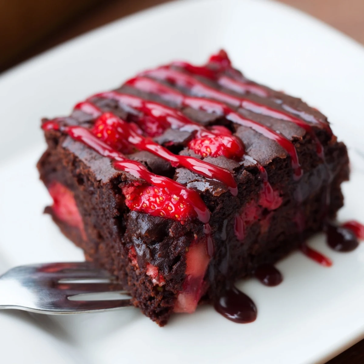 Fresh diced strawberries baked into chocolatey easy strawberry brownies cut into squares