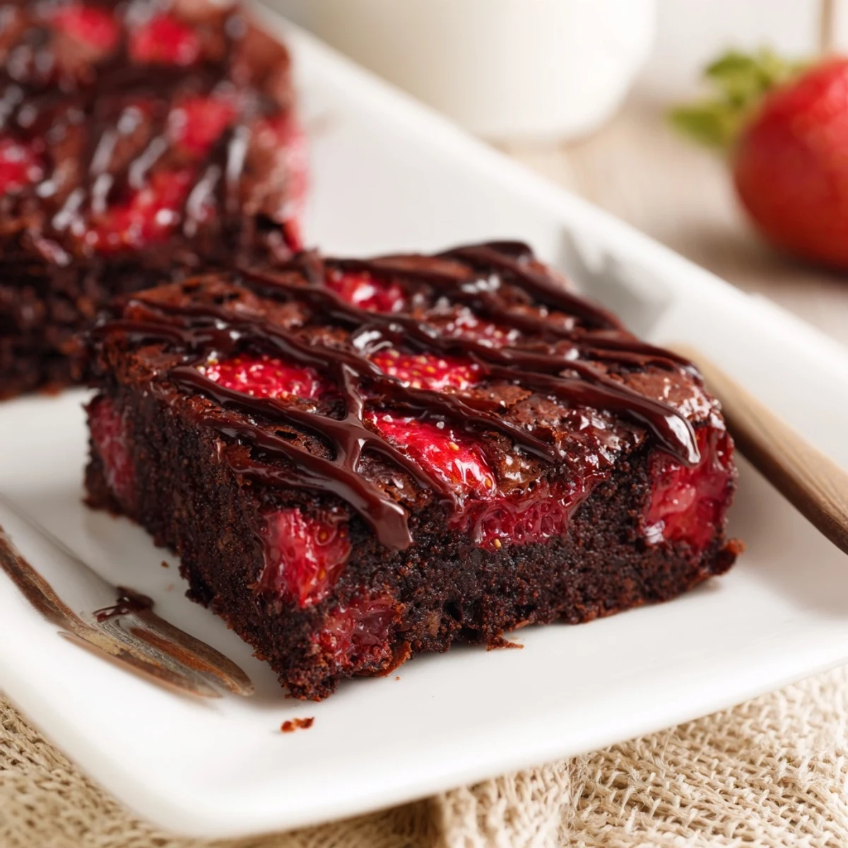 Gooey easy strawberry brownies drizzled with pink glaze and fresh strawberry pieces