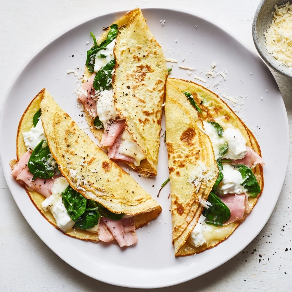 Golden savory crepes filled with melted Gruyère cheese, ham, and fresh baby spinach