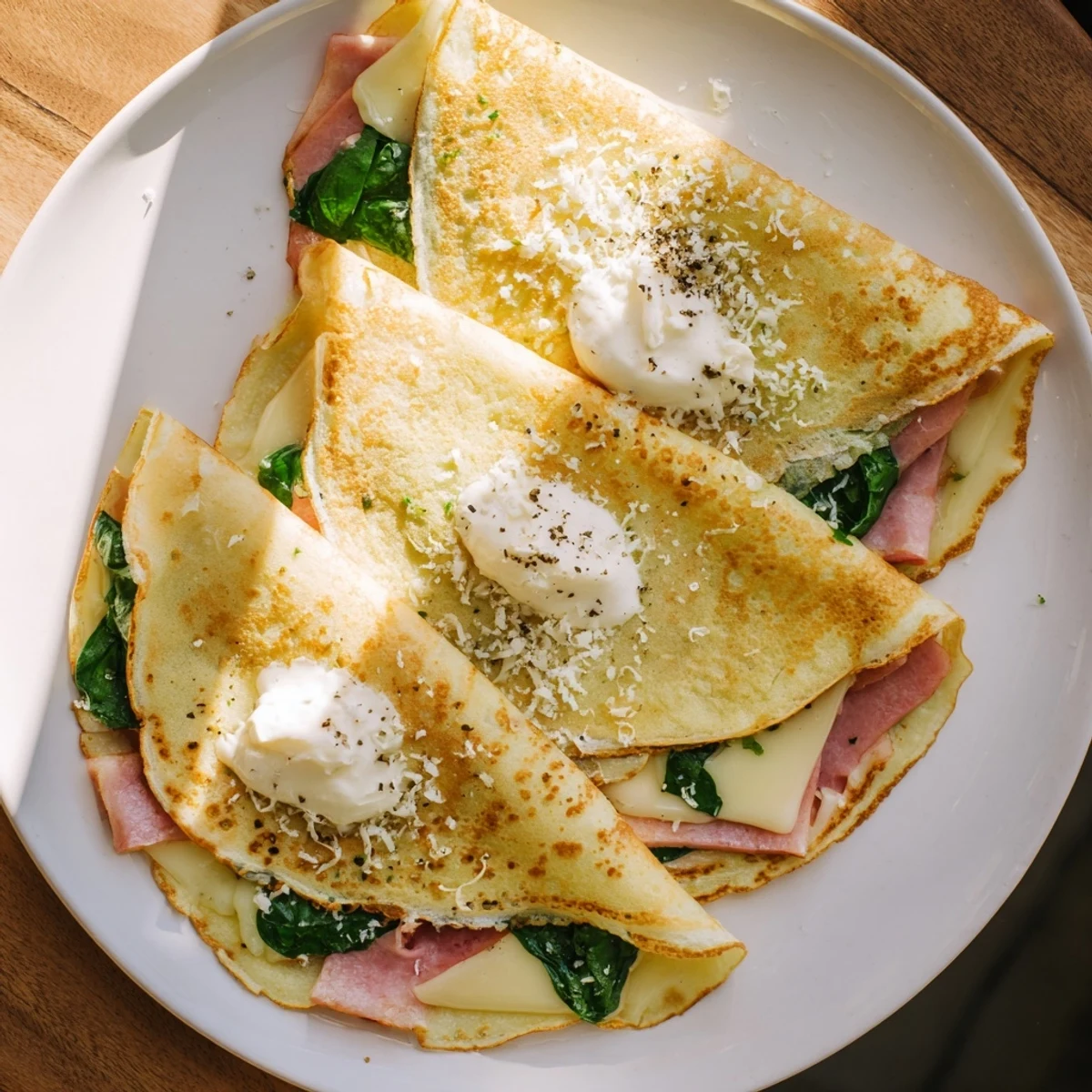 Delicate French savory crepes folded into quarters with bubbling cheese and tender greens
