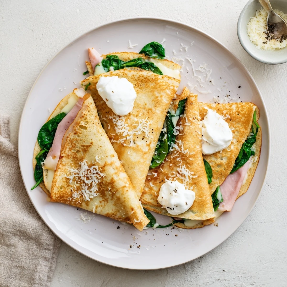 Thin lacy savory crepes topped with crème fraîche, black pepper, and grated Swiss cheese