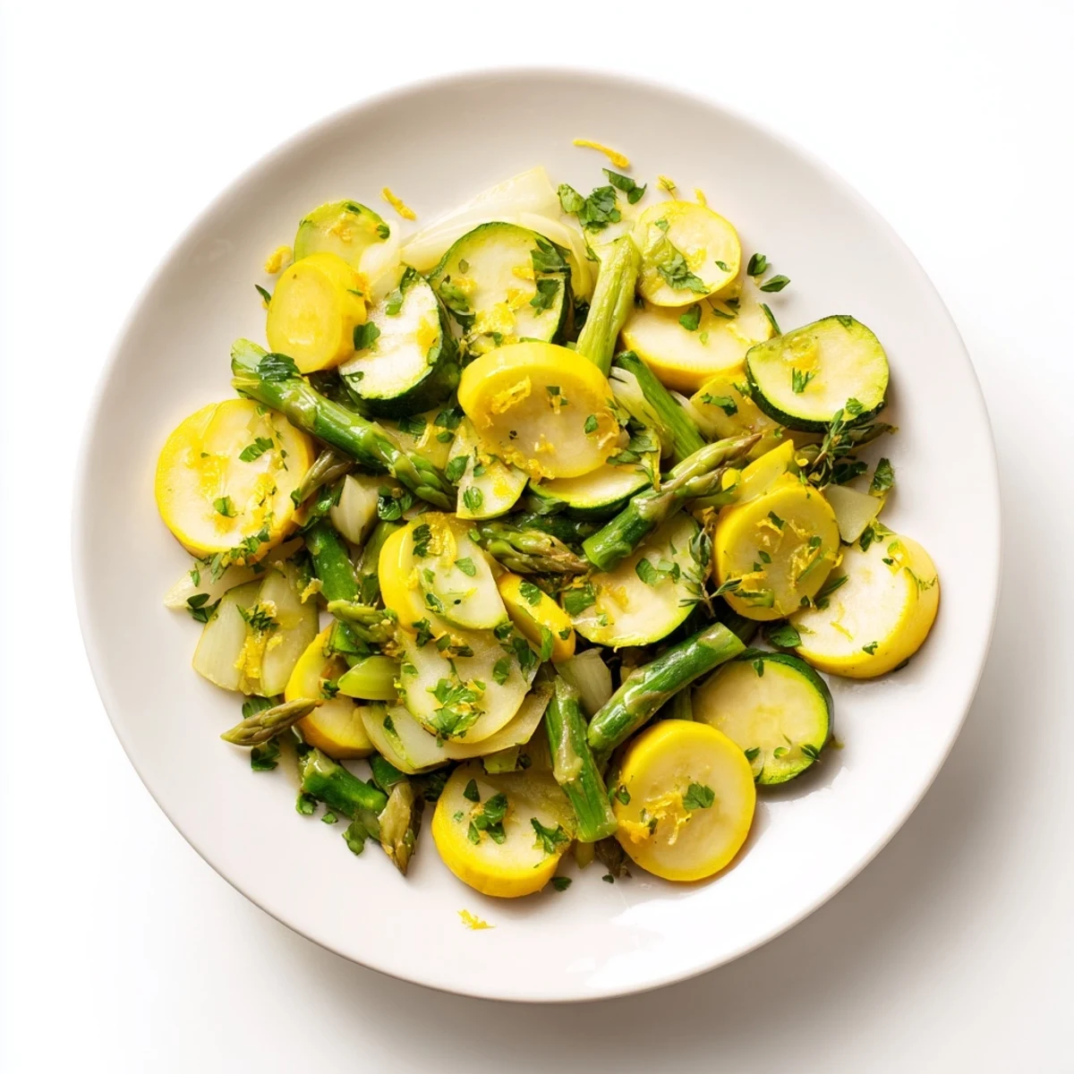 Vibrant Mediterranean vegetable medley featuring tender asparagus, zucchini, and squash brightened with lemon zest and parsley