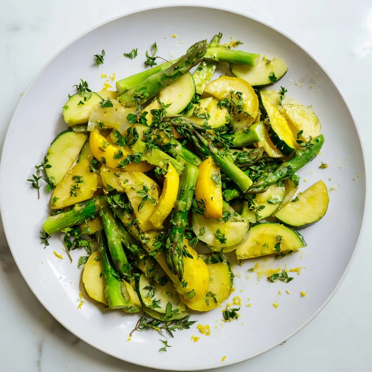 Golden asparagus with zucchini and yellow squash sautéed in olive oil with fresh garlic and herbs