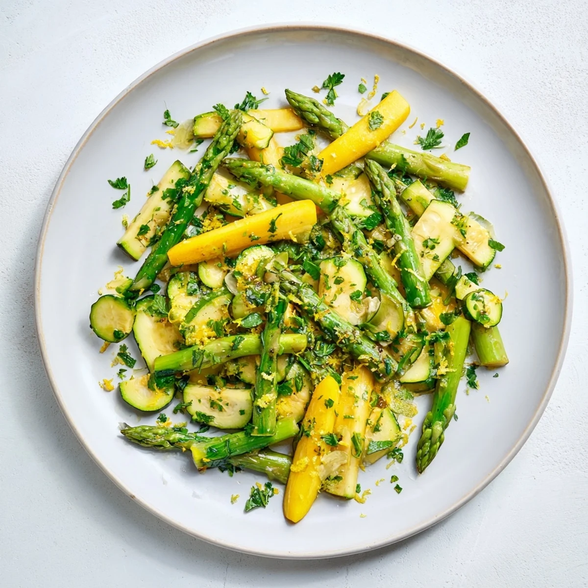 Flavorful asparagus with zucchini and squash in a colorful skillet side dish seasoned with thyme and cracked pepper