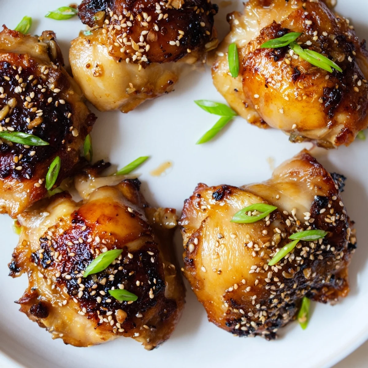 Golden brown garlic miso chicken thighs garnished with sesame seeds and fresh spring onions on a white serving plate