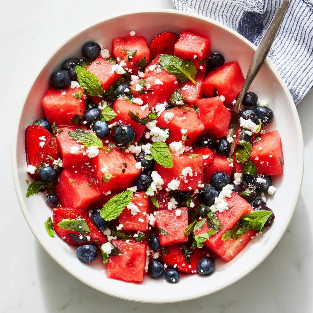 Fresh strawberry watermelon salad drizzled with honey lime vinaigrette featuring juicy red watermelon cubes and sliced strawberries.