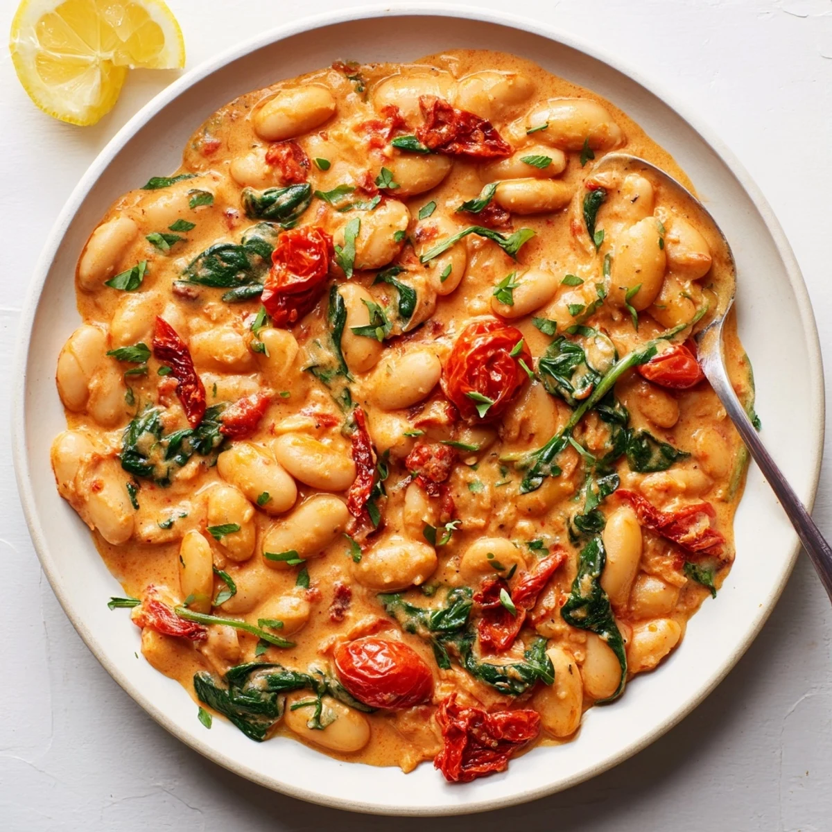 Creamy Greek yogurt butter beans in tangy tomato sauce with fresh basil garnish