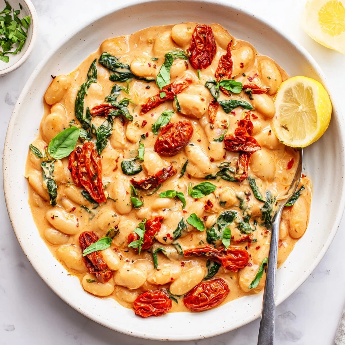 Golden skillet of butter beans simmered with sun-dried tomatoes and spinach in rich sauce
