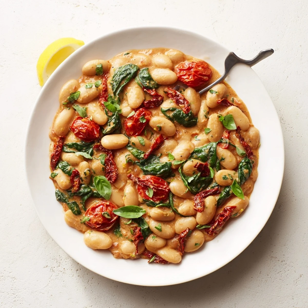 Comforting Greek yogurt marry me butter beans served in rustic bowl with lemon wedge
