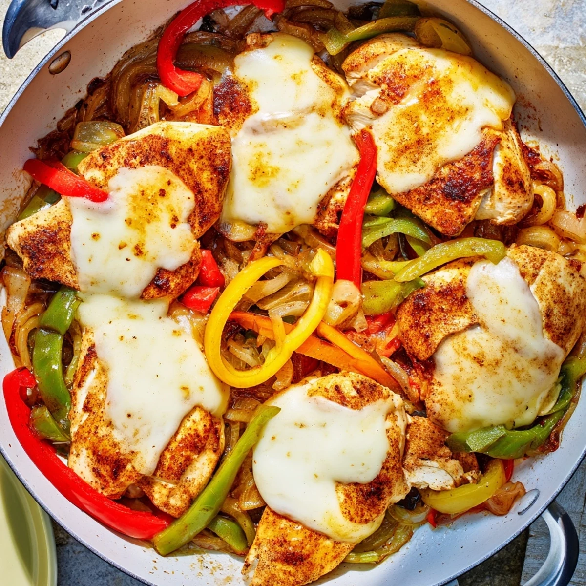 Golden melted provolone blankets tender chicken and colorful peppers in this chicken cheesesteak skillet