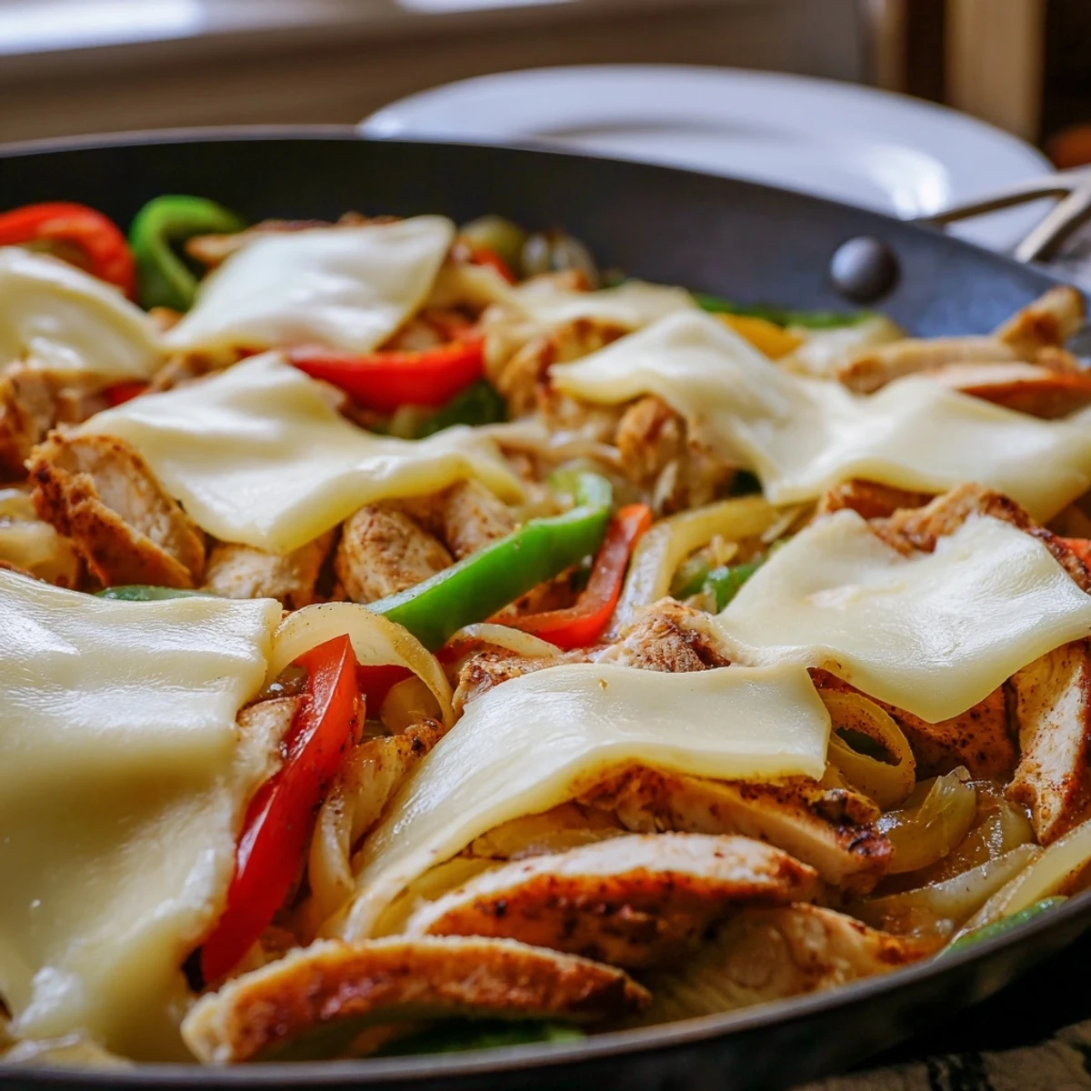 One-pan chicken cheesesteak skillet features juicy chicken strips, sautéed vegetables, and melted cheese topping