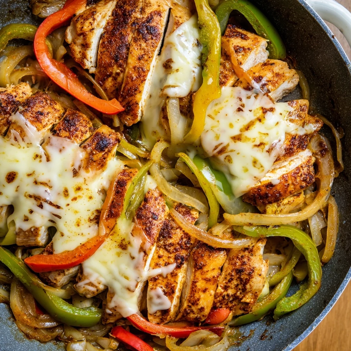 Sizzling chicken cheesesteak skillet with caramelized onions, bell peppers, and gooey provolone cheese