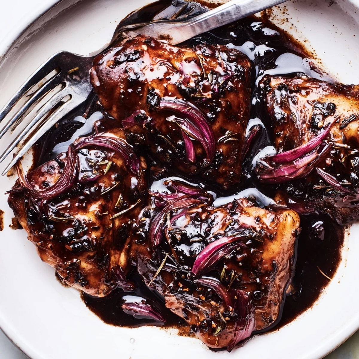 Golden brown slow cooker balsamic chicken thighs glistening with tangy dark sauce and fresh parsley garnish